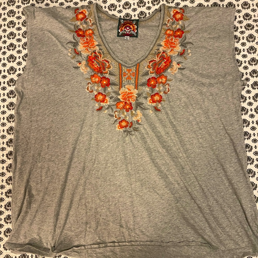 Johnny Was Tee w/ Embroidered Neckline